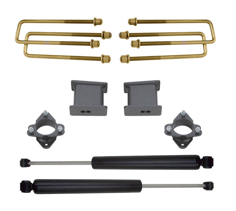 MaxTrac 16-18 GM C1500 2WD w/Stamped Steel/Alum. Susp. 3in Rear Lift Kit components including shocks and lift blocks.