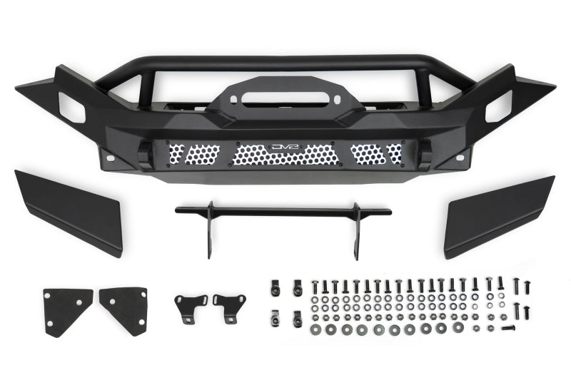 DV8 Offroad 07-18 Jeep Wrangler JK / 18-23 Wrangler JL / 20-23 Gladiator JT MTO Series Front Bumper with accessories and hardware.