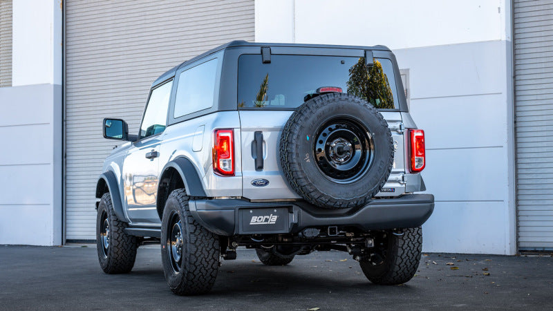 Borla 21-22 Ford Bronco 2.7L 2DR/4DR T-304 Stainless Steel Cat-Back Touring Exhaust - Brushed on a silver Ford Bronco