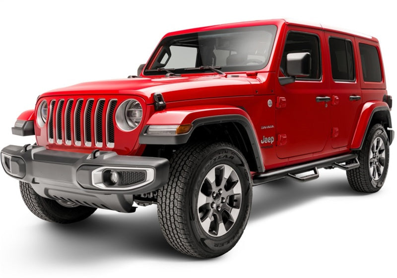 N-Fab Nerf Step 2018 Jeep Wrangler JL SUV 4 Door- Tex. Black - W2W - 3in. installed on red Jeep Wrangler.