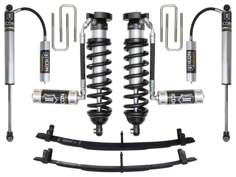 ICON 95.5-04 Toyota Tacoma 0-3in Stage 3 Suspension System components with coilovers and leaf springs for offroad performance.