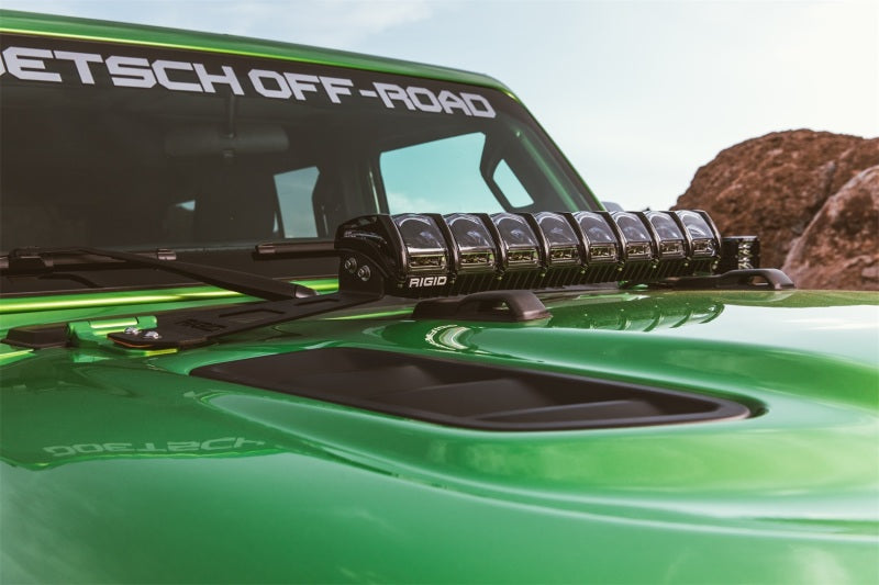 Rigid Industries 2018 Jeep JL - Hood Mount Kit - Mounts 20in Adapt Series with LED light bar on a green Jeep