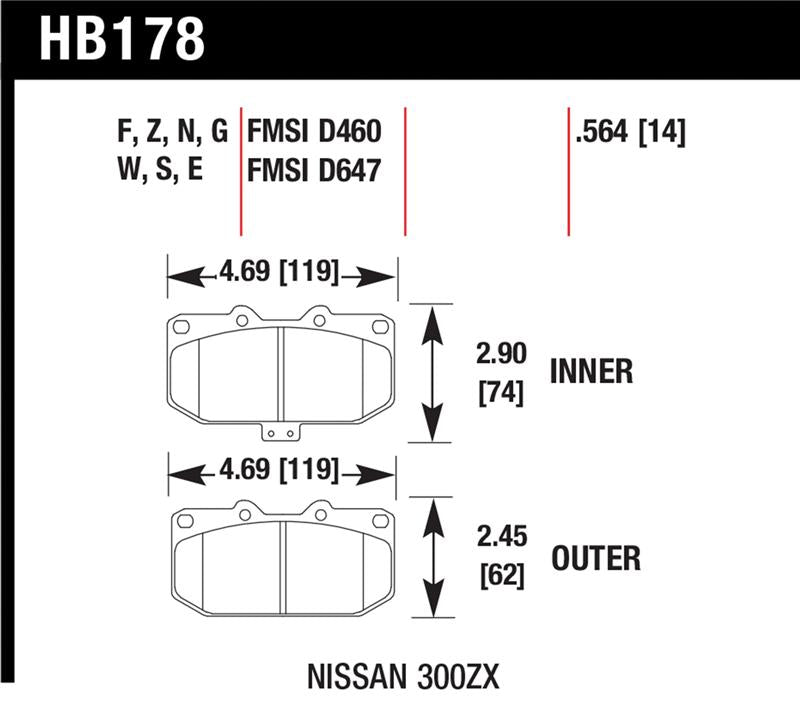 Hawk 06-07 WRX / 89-96 Nissan 300ZX / 89-93 Skyline GT-R HPS Street Front Brake Pads dimensions and specifications