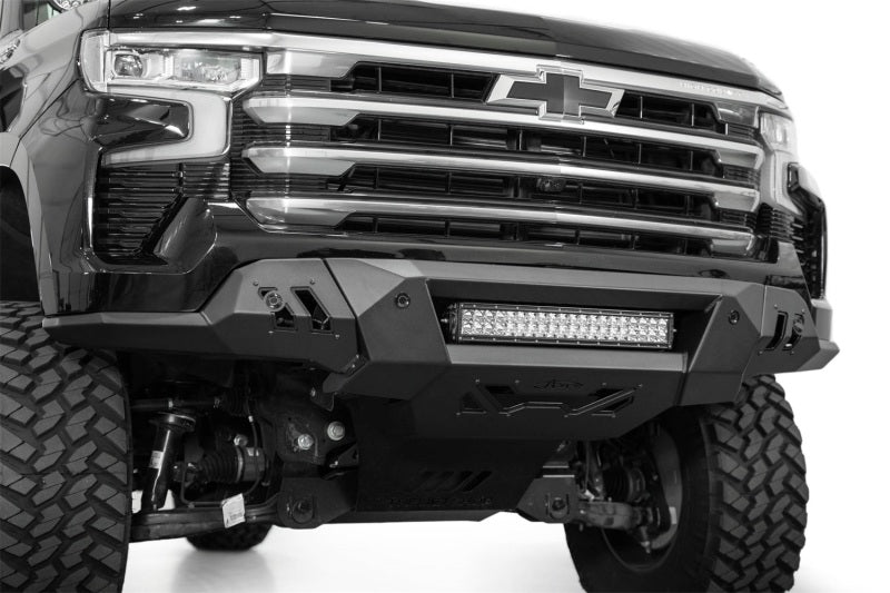 Addictive Desert Designs2022+ Chevrolet Silverado 1500 Black Label Front Bumper with LED light bar and offroad parts.