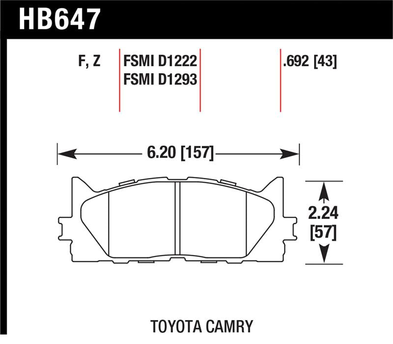 Hawk 10 Lexus ES350 / 07-11 Toyota Camry SE/XLE HPS Street Front Brake Pads dimensions diagram