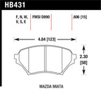 Hawk 01-05 Miata w/ Sport Suspension HP+ Street Front Brake Pads D890 dimensions diagram