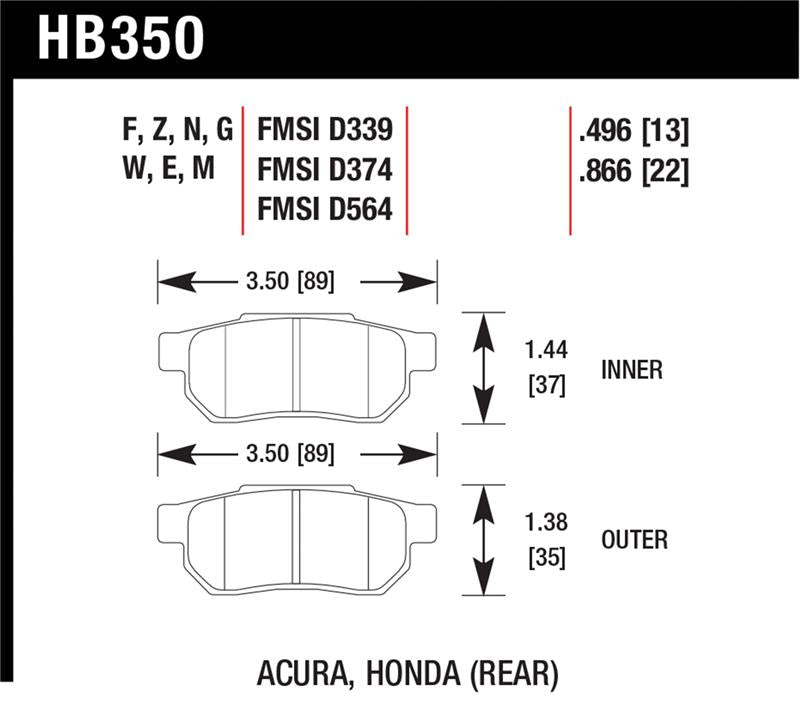 Hawk 90-01 Acura Integra (excl Type R) / 98-00 Civic Coupe Si DTC-60 Race Rear Brake Pads dimensions and specifications