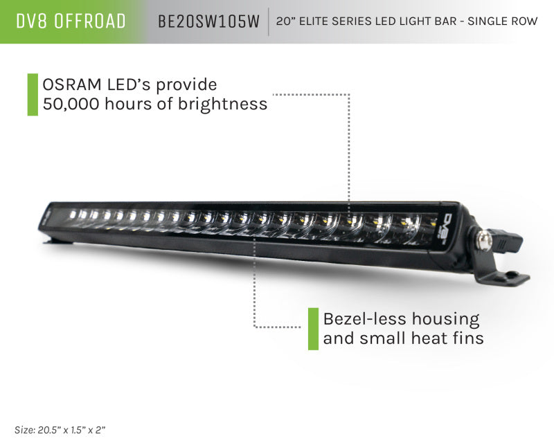 DV8 Offroad 20in Elite Series Light Bar 105W LED - Single Row for offroad lighting and electrical.