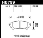 Hawk 14-16 Toyota Highlander Performance Ceramic Street Rear Brake Pads dimensions diagram.