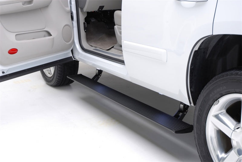 AMP Research 19-22 Ram 1500 All Cabs PowerStep Plug N Play - Black (Incl OEM Illumination) installed on truck side.