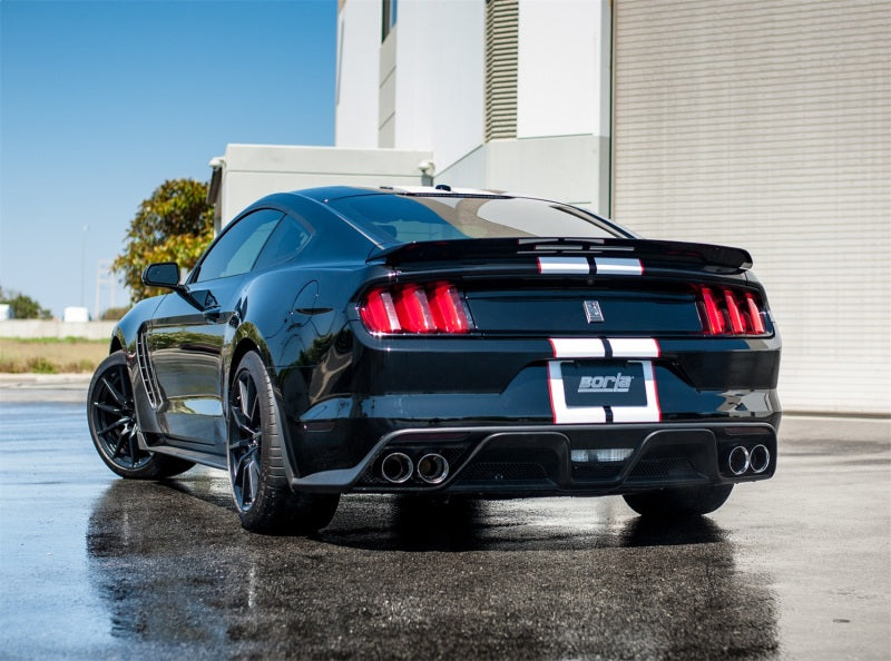 Borla 15-16 Ford Mustang Shelby GT350 5.2L ATAK Cat Back Exhaust (Uses Factory Valence) on black Mustang