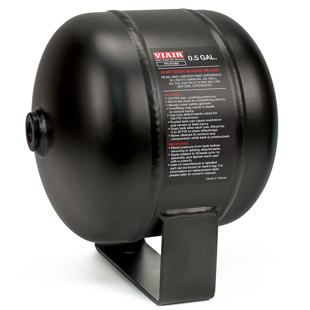 Black air compressor tank with VIAIR branding on a white background