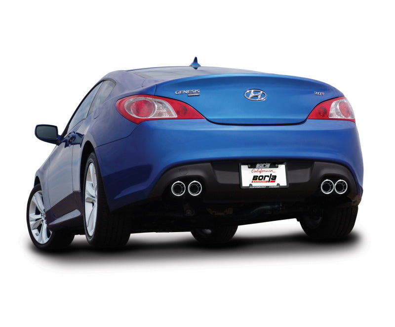Borla 10-14 Genesis Coupe 2.0L Turbo ONLY AT/MT RWD 2DR Catback Exhaust with dual tips in blue.