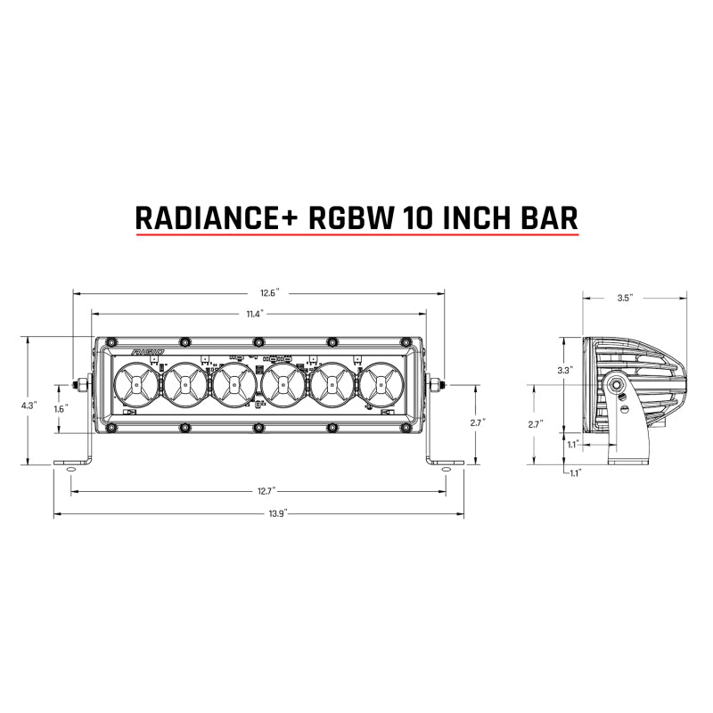 Rigid Industries Radiance+ 10in. RGBW Light Bar dimensions