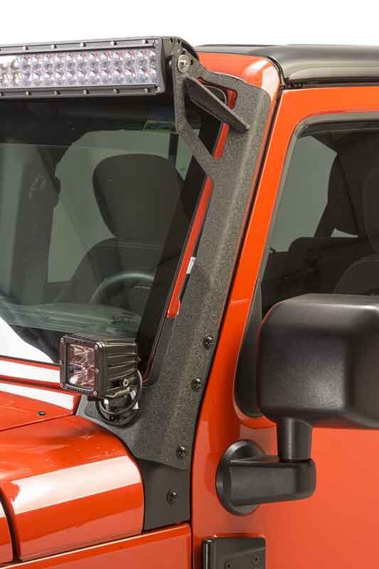 Fishbone Offroad 07-18 Jeep Wrangler JK 52In Light Bar Bracket mounted on red Jeep