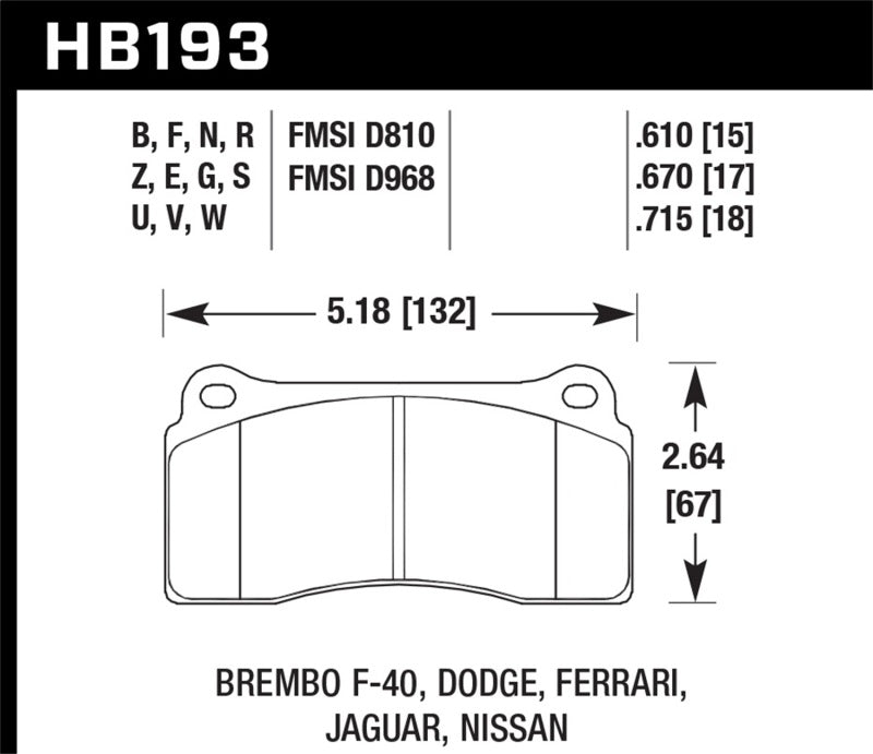 Hawk Dodge / Ferrari  Front & Rear / Ferrari / Jaguar / Nissan Front DTC-70 Race Brake Pads dimensions and specifications.