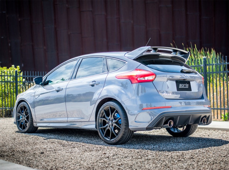 Borla 16-17 Ford Focus RS 2.3L MT Round Angle-Cut Tips Split Rear Exit ATAK Catback Exhaust installed on a silver Ford Focus.