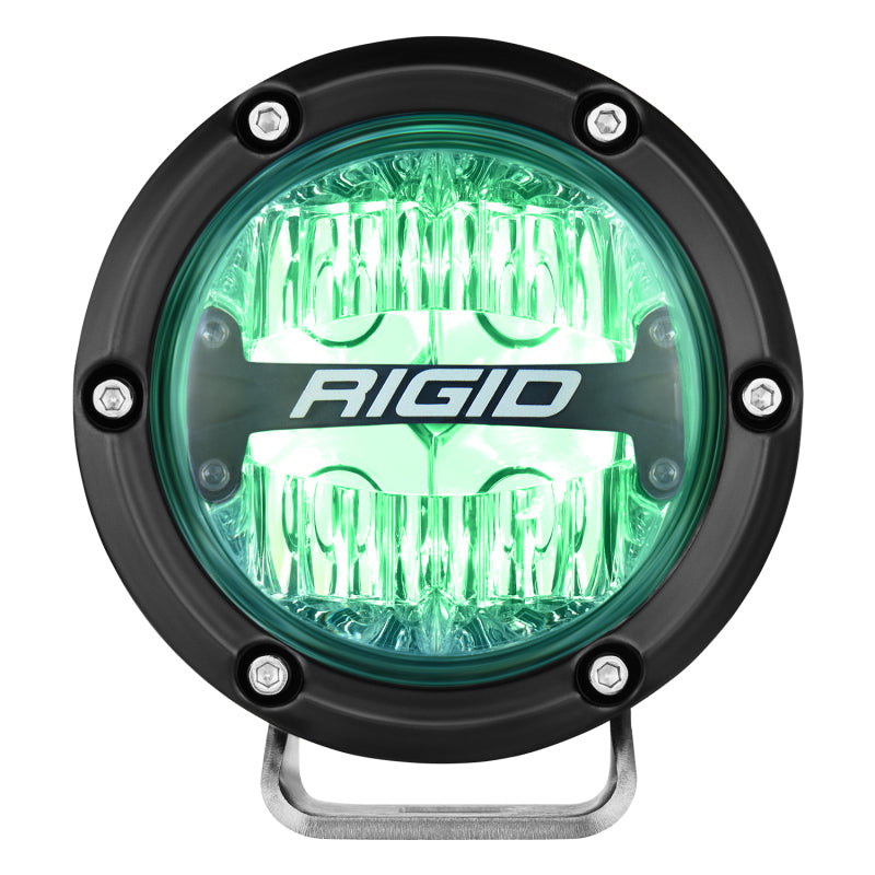 Rigid Industries 360-Series 4in LED Off-Road Drive Beam - RGBW (Pair) with green backlight for offroad lighting and performance upgrades.