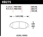 Hawk 97-99 Acura CL / 93-02 Honda Accord Coupe DX/EX/LX/96-10 Civic Coupe EX DTC-60 Race Brake Pads dimensions chart