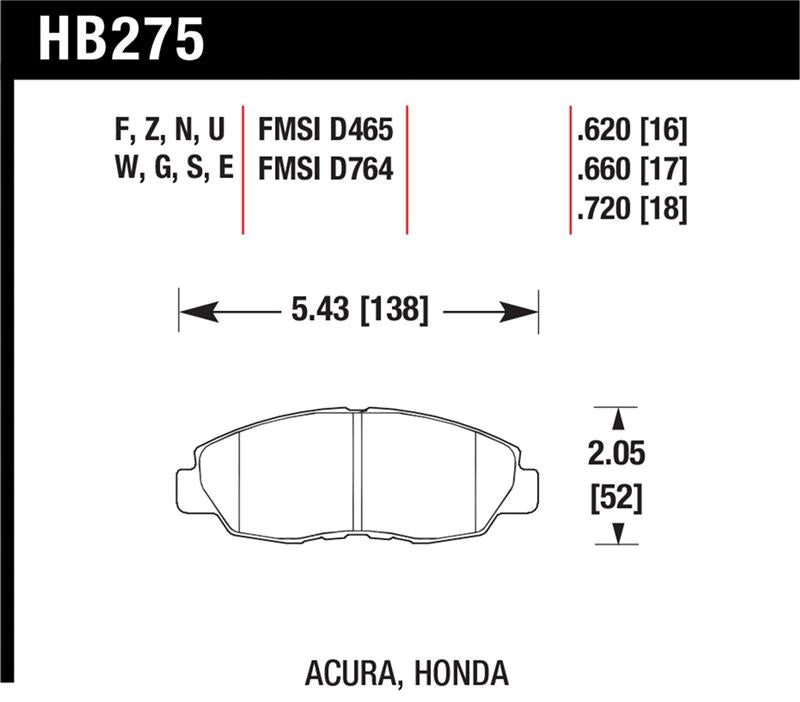 Hawk 97-99 Acura CL / 93-02 Honda Accord Coupe DX/EX/LX/96-10 Civic Coupe EX DTC-60 Race Brake Pads dimensions chart