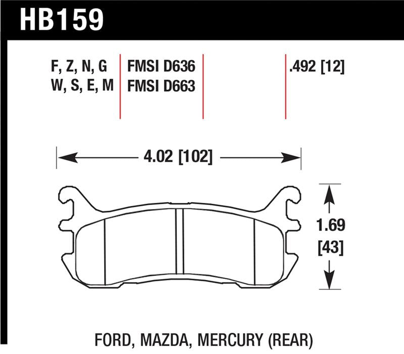 Hawk 94-05 Miata / 01-05 Normal Suspension Blue 9012 Race Rear Brake Pads (D636) dimensions illustration.
