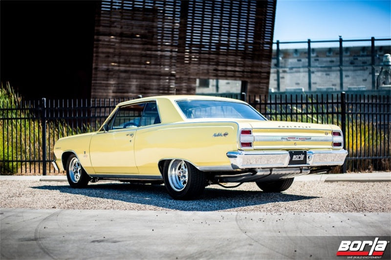 Borla CrateMuffler LS3 ATAK 2.25in Offset/Offset 14inx4.35inx9in Oval Muffler on classic yellow car