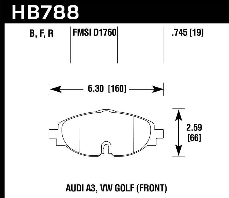 Hawk 15-17 VW Golf / Audi A3/A3 Quattro Front High Performance 5.0 Brake Pads dimensions schematic