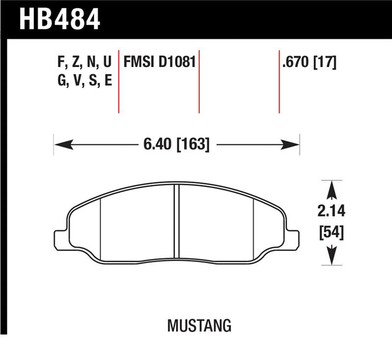 Hawk 05-10 Ford Mustang GT & V6 / 07-08 Shelby GT HPS Street Front Brake Pads dimensions diagram