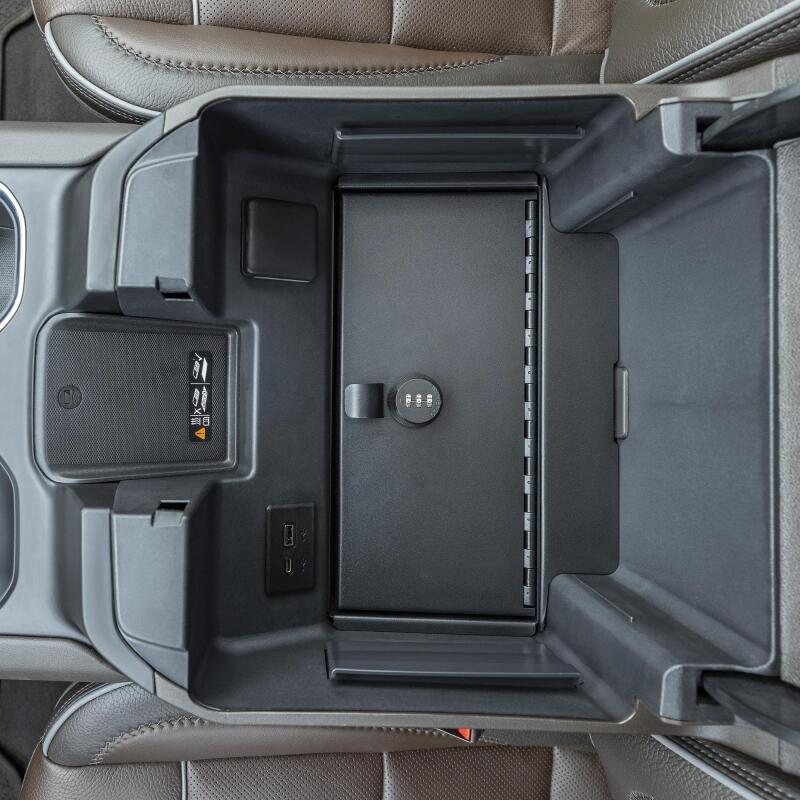 Tuffy Console Safe W/ Combo Lock For Chevrolet Silverado W/ Wireless Charging Pad Console interior view