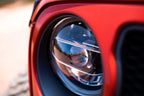 Close-up of DV8 Offroad 2018+ Jeep Wrangler JL/Gladiator LED Projector Headlights