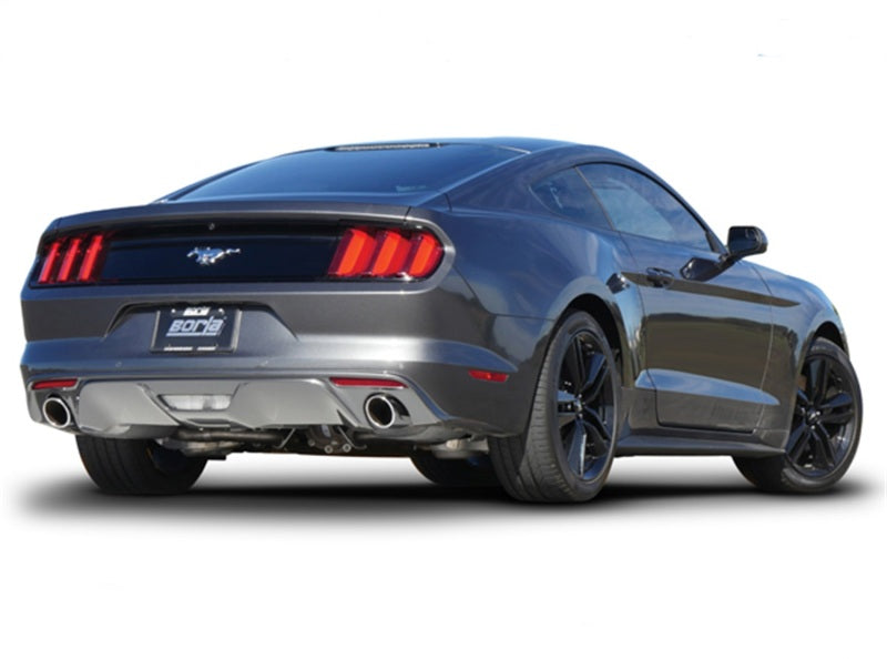 Borla Atak Cat Back 15-17 Ford Mustang 2.3L EcoBoost MT/AT 2.25in pipe 4in tip installed on a gray Mustang