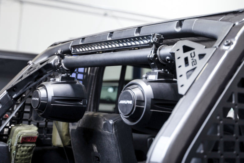 DV8 Offroad 18-23 Jeep Wrangler JL 4-Door Speaker/Light Bar Mount with speakers and light bar installed