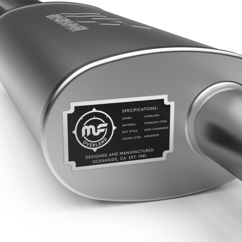 Specifications label on MagnaFlow 2021 Ford Bronco Overland Series Cat-Back Exhaust w/ Single Straight Driver Exit- No Tip.