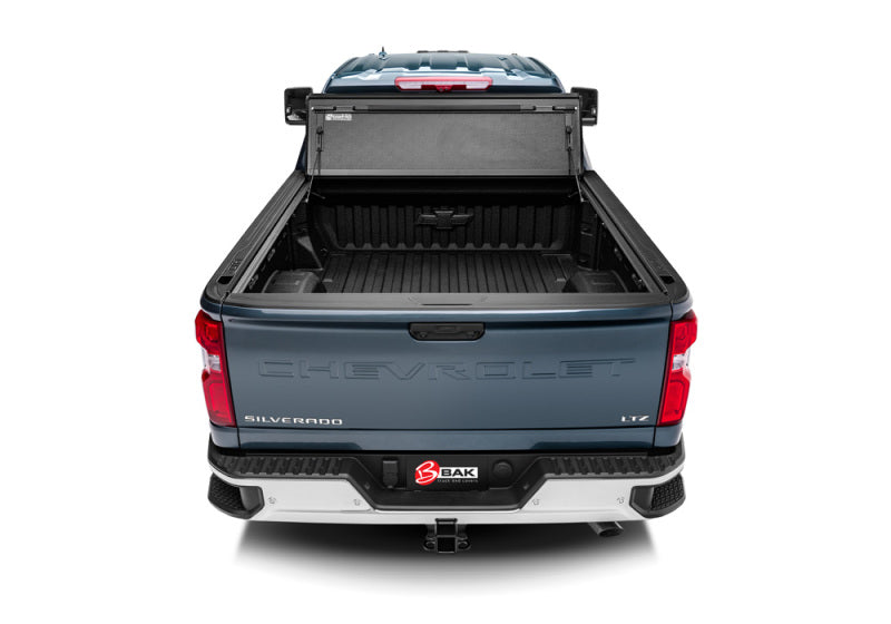 BAK 2020 Chevy Silverado 2500/3500 HD 6ft 9in Bed BAKFlip G2 with open cover for full access.
