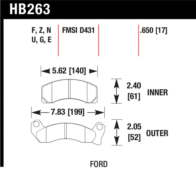Hawk HPS Street Brake Pads dimensions for Ford vehicles