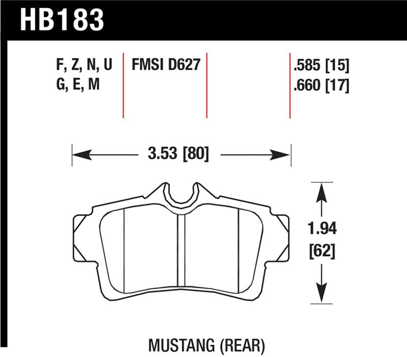 HB183 diagram for Hawk 94-04 Ford Mustang HPS Street Rear Brake Pads dimensions