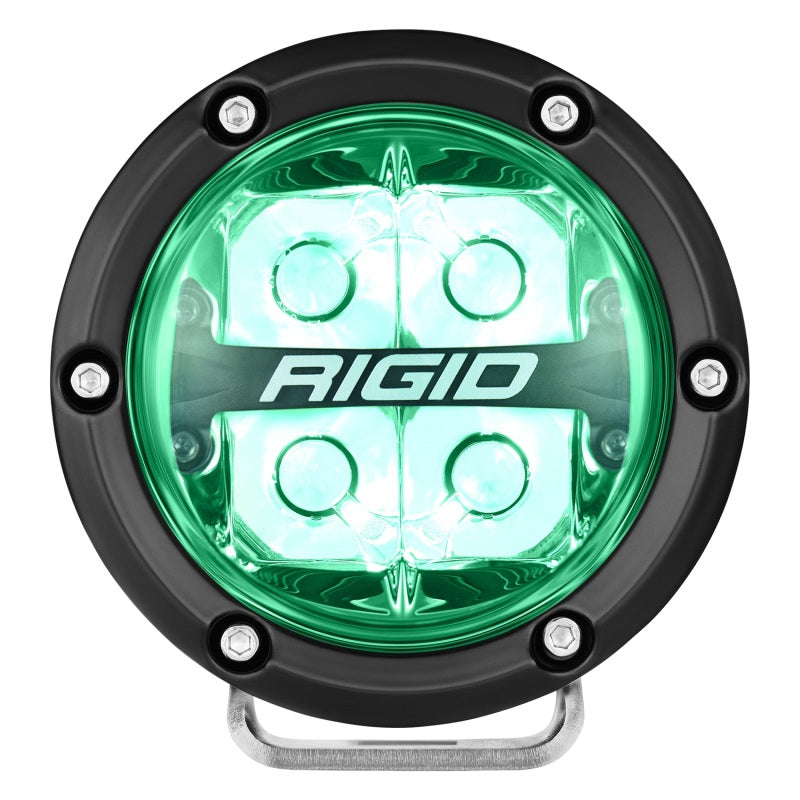 Rigid Industries 360-Series 4in LED Off-Road Spot Beam - RGBW (Pair) with green backlight, ideal offroad lighting.