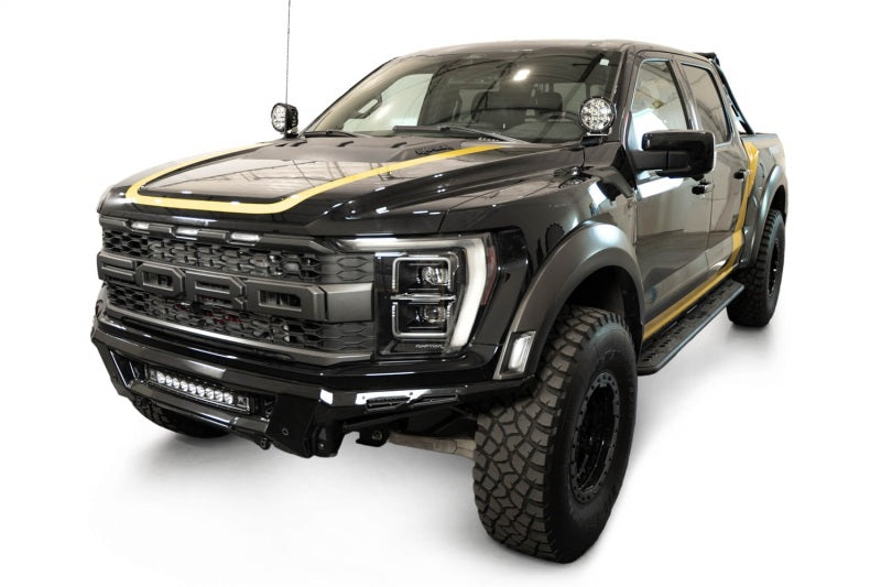 Addictive Desert Designs2021+ Ford F150 / 2021+ Ford F150 Raptor Ditch Light Brackets installed on a Ford Raptor truck.