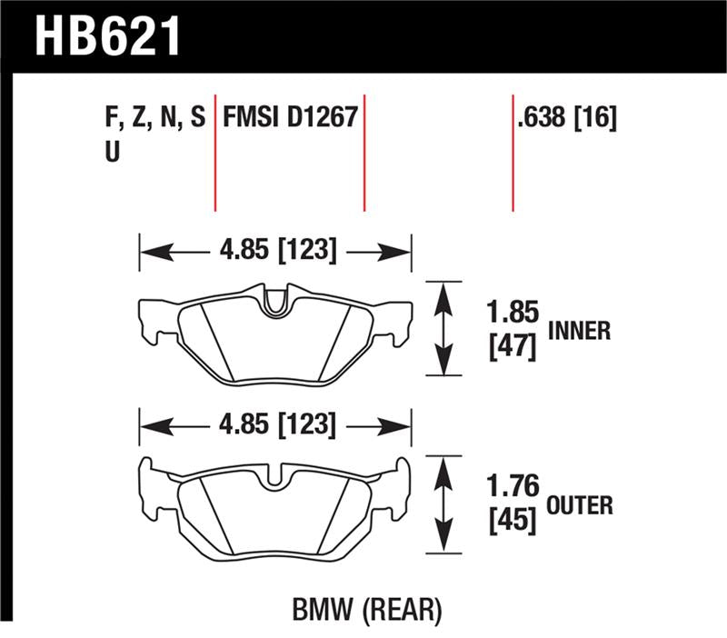 Hawk 08-11 BMW 128i / 10 BMW 323i / 07-11 BMW 328i / 07-11 BMW 328XI HPS Street Rear Brake Pads specifications diagram