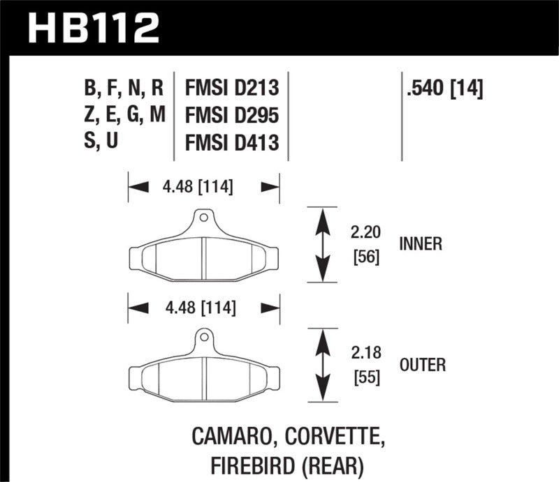 Hawk 84-96 Corvette /88.5-97 Pontiac Firebird HPS Street Rear Brake Pad dimensions