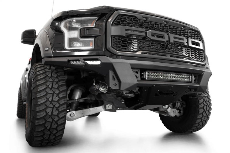 Addictive Desert Designs17-20 Ford F-150 Raptor Phantom Front Bumper installed on truck for offroad performance upgrades