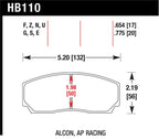 Hawk AP CP3307 / CP5040 / CP5200 Caliper DTC-70 Race Brake Pads dimensions and specifications