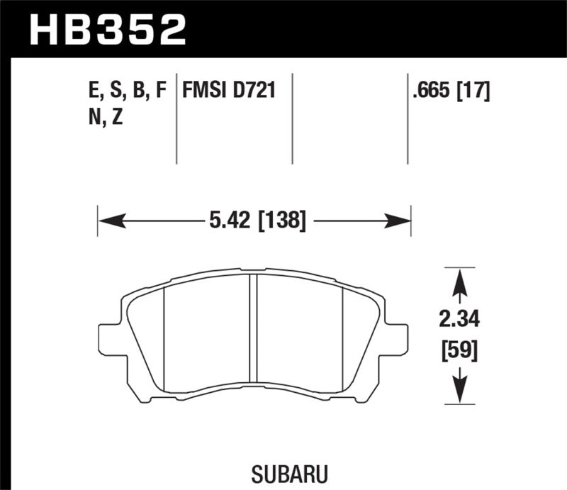 Dimensions of HB352 brake pads for Hawk 02-03 WRX / 98-01 Impreza / 97-02 Legacy 2.5L / 98-02 Forester 2.5L D721 HPS Street Brake