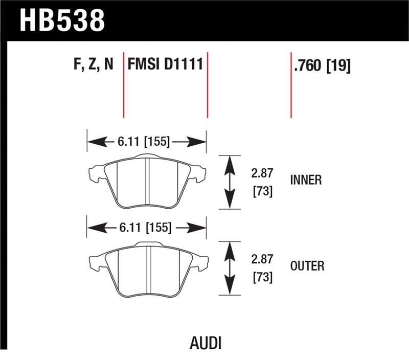 Hawk 2009-2009 Audi A4 Cabriolet HPS 5.0 Front Brake Pads dimensions