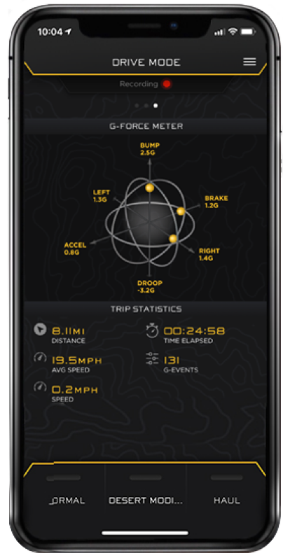 G-force meter and trip statistics on drive mode display