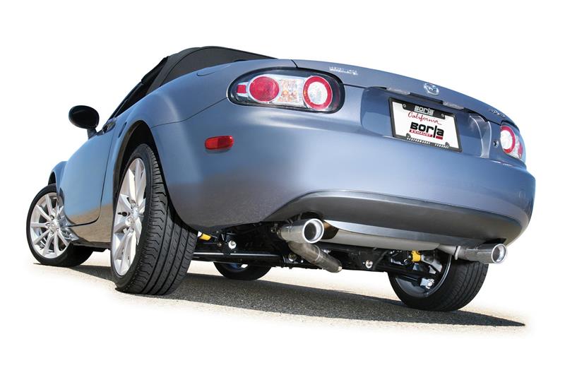Borla 06-14 Mazda MX-5 Miata 2.0L RWD Twin-Tip Cat Back Exhaust on a blue convertible sports car