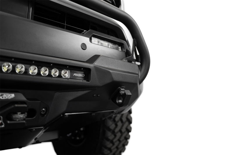 Addictive Desert Designs2024+ Toyota Tacoma Stealth Center Mount Winch Front Bumper w/ Top Hoop with light bar and winch.