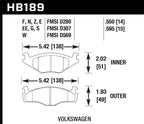 HB189 Volkswagen brake pad dimensions diagram