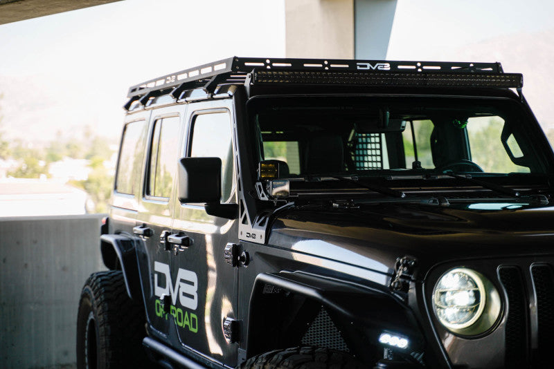 DV8 Offroad 2018+ Jeep Wrangler JLO A Pillar Dual Light Pod Mounts on a black Jeep.