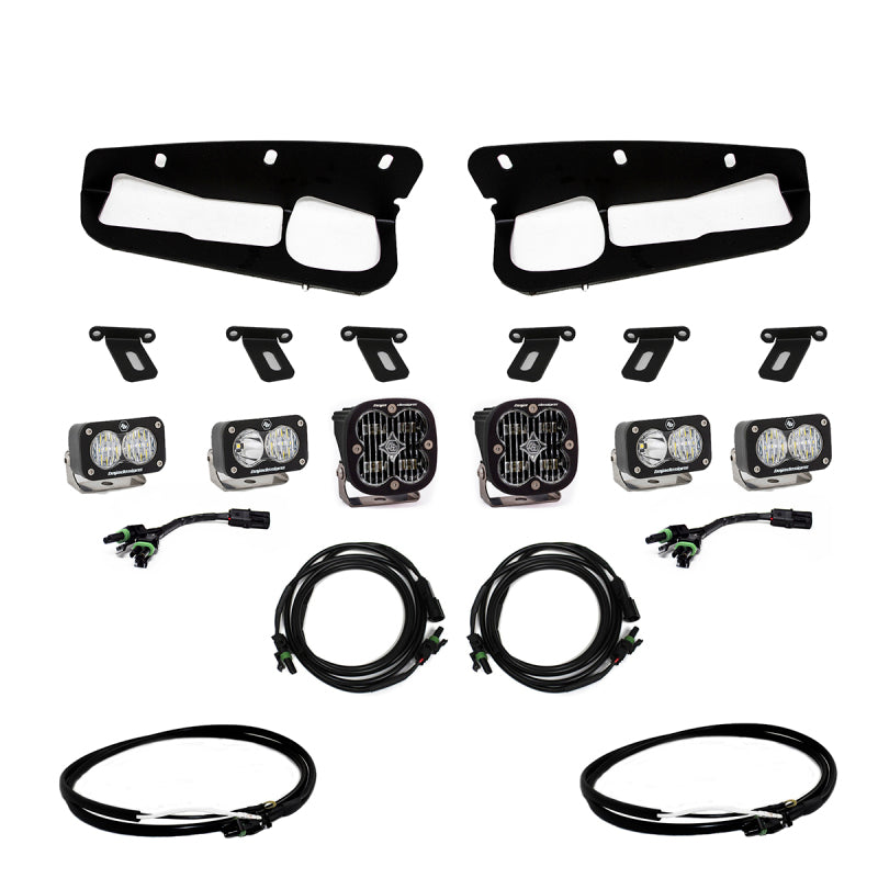Baja Designs 2021+ Ford Bronco Clear SAE Fog Pocket Kit w/Upfitter with mounting brackets and wiring.
